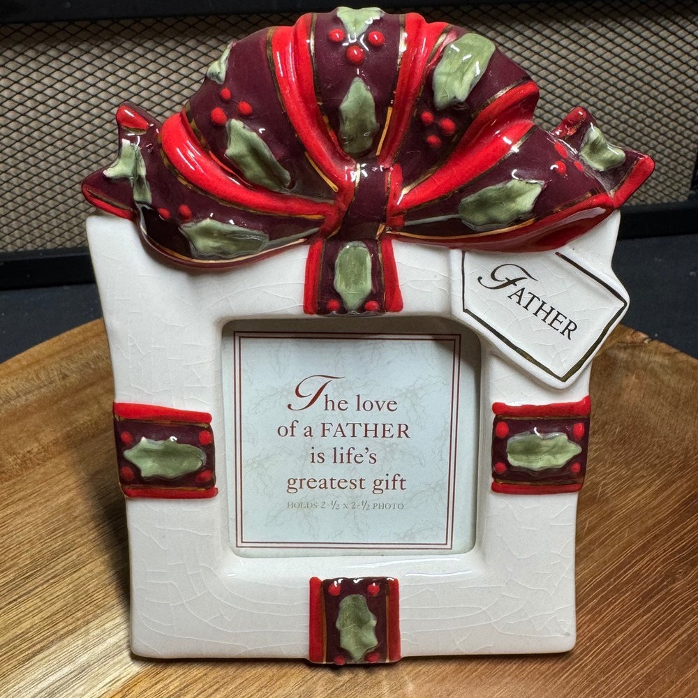 Grasslands Road Father Ceramic Christmas Ornament Picture Frame Red Bow Holly